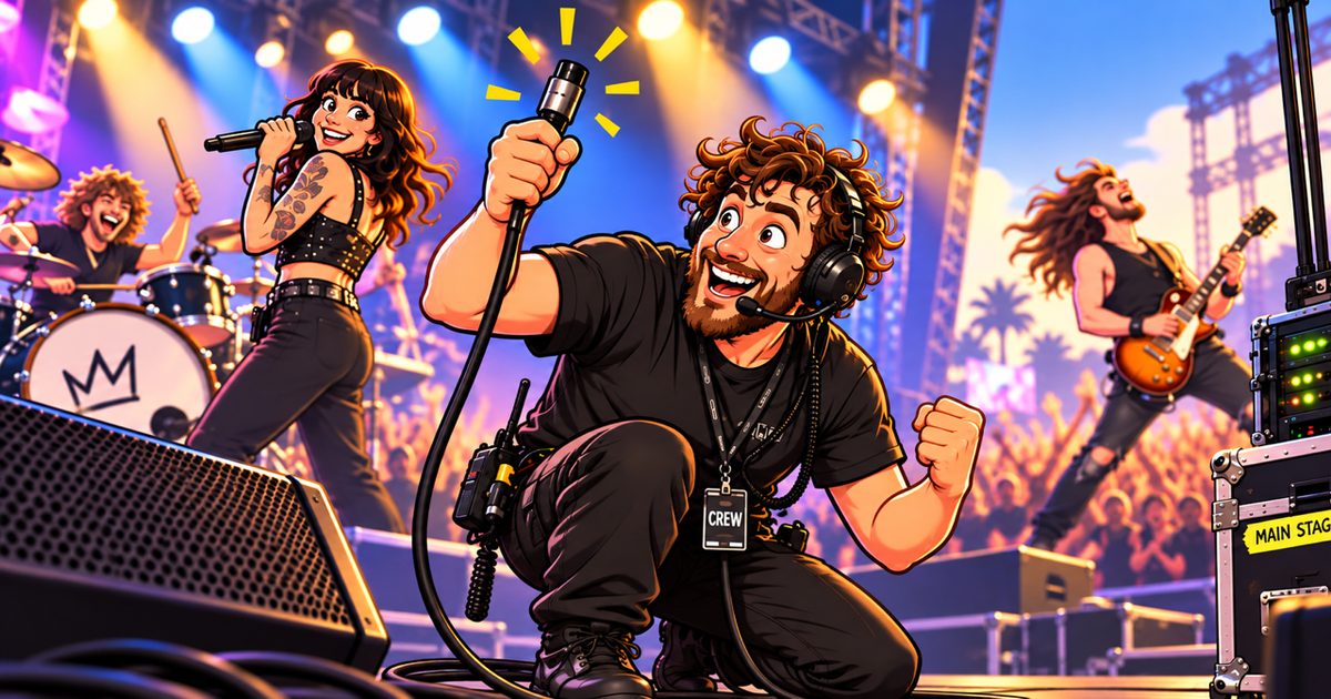 Cartoon illustration of a stagehand in black kneeling on a festival stage, headset on, triumphantly holding up a cable while the band plays behind him.